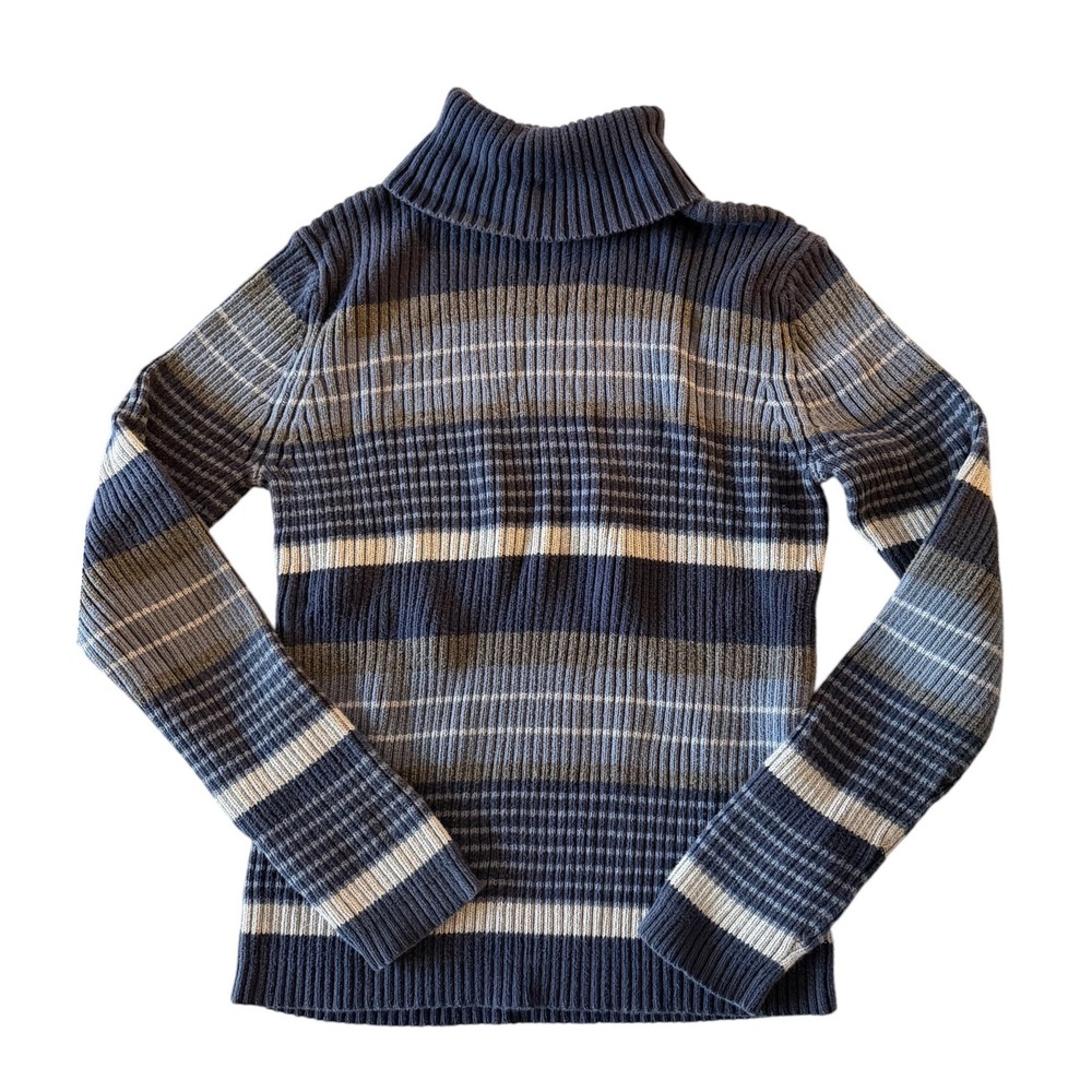 Sonoma Life‎ + Style Womens Ribbed Turtleneck Sweater Blue Grey Striped Large